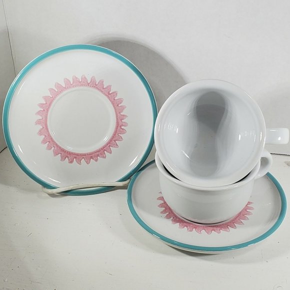 2 Dansk Costa Del Sol Tea Coffee Cups and Saucers aqua pink sunshine rays - Picture 4 of 9